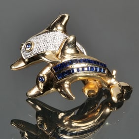 SAPPHIRE, DIAMOND, & 14K GOLD DOLPHIN PIN