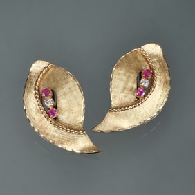 PAIR DIAMOND, RUBY & 14K EARRINGS