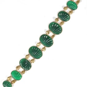 CARVED SPINACH JADE & 14K GOLD BRACELET