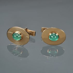 MEN'S EMERALD CABOCHON & 14K GOLD CUFFLINKS