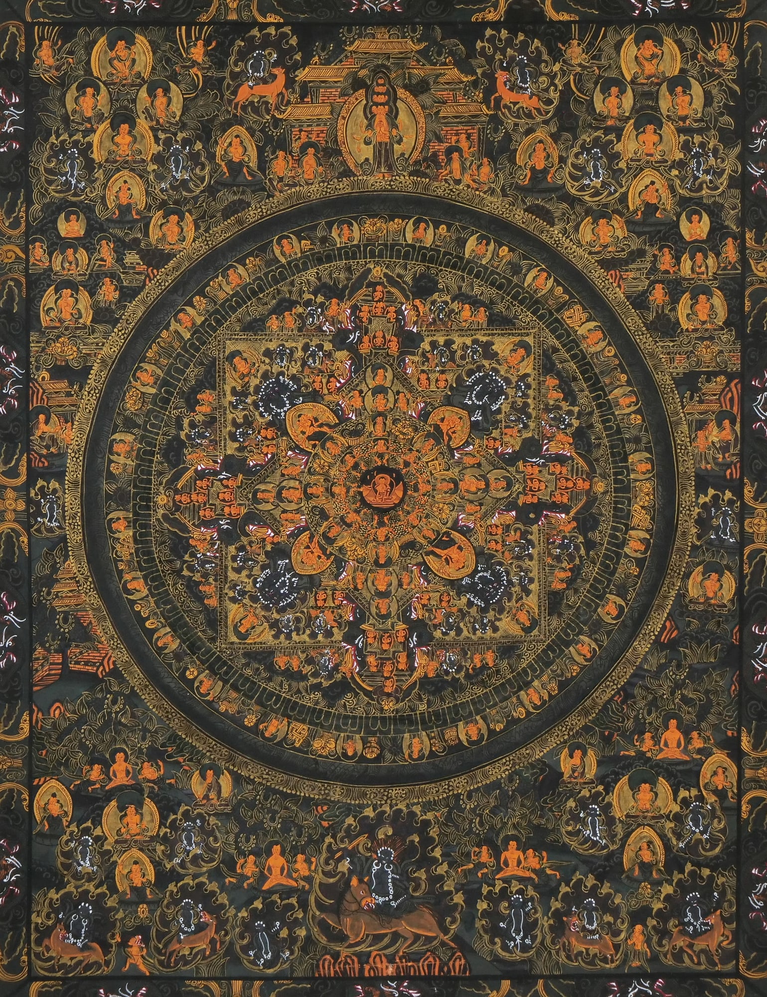 BUDDHIST MANDALA THANKGA PAINTING: Tibetan Buddhist Thangka painting Sight 22.5 x 17.25 in. In gilt frame - w. 22.5 x h. 28 in. (frame) Provenance: Descended through the family of a Somers, NY lady. Inventory Code 3S-55