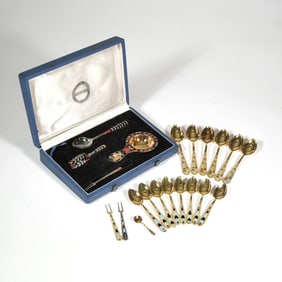 (21pc) RUSSIAN GILT & ENAMEL SILVER SPOONS