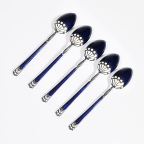 (5pc) HANS JORGEN HANSEN DANISH ENAMEL SILVER SPOONS