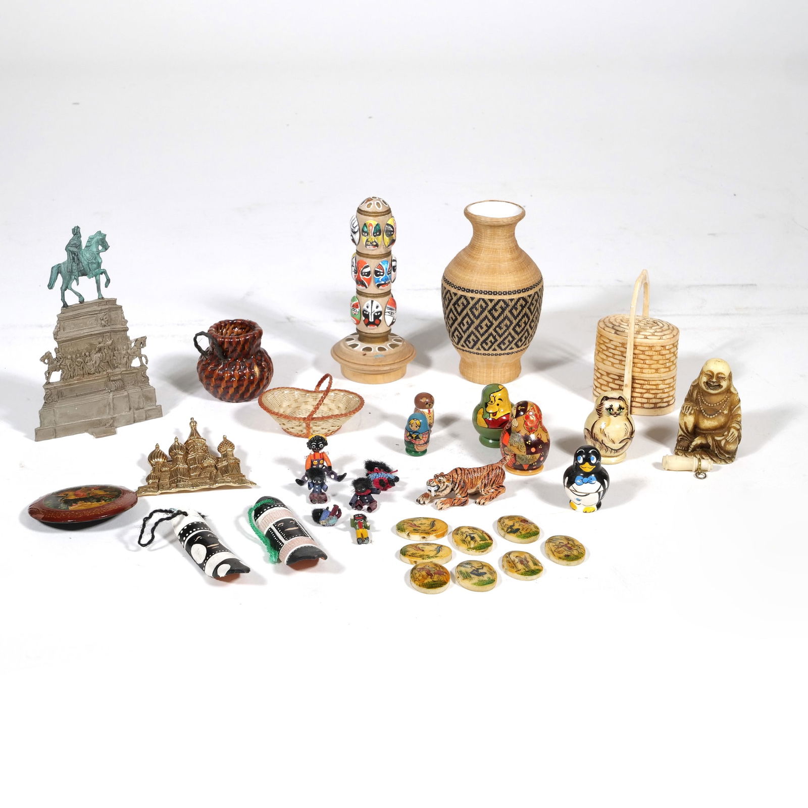 RUSSIAN & ASIAN MINIATURE ITEMS: Including: Russian pins, sets of miniature Russian nesting dolls, a miniature woven basket, carved bone tiered basket, etc. Provenance: From the lifetime collection of a Somers, NY lady. Inventory Cod