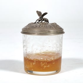UNUSUAL SILVER LIDDED & ETCHED GLASS HONEY JAR