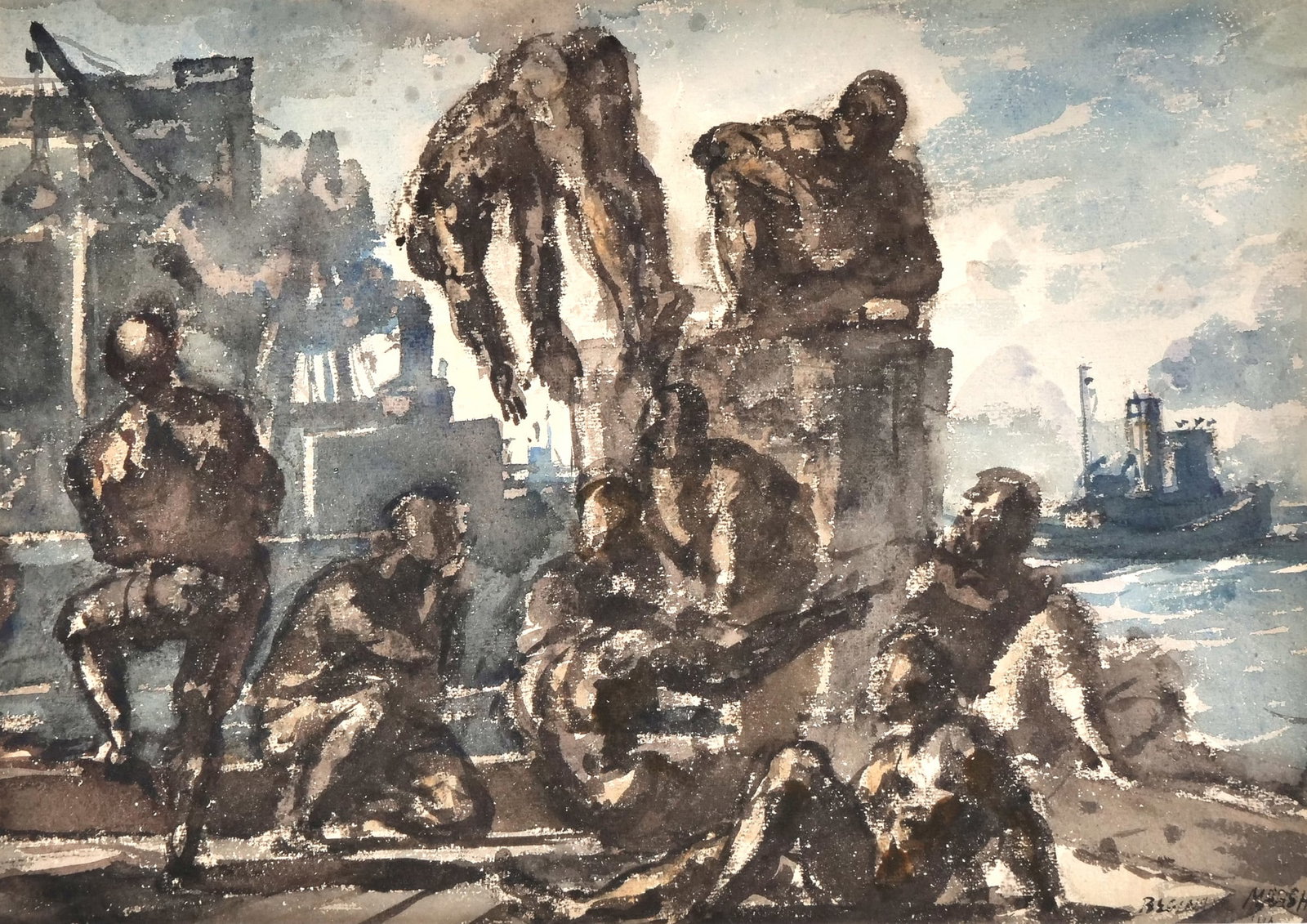 REGINALD MARSH (AMERICAN, 1898-1954): figures on a pier watercolor on paper 13 x 18.5 in. (sight) h. 25 x w. 30 in. (frame) signed lower right Provenance: Items from a Pelham, NY estate.