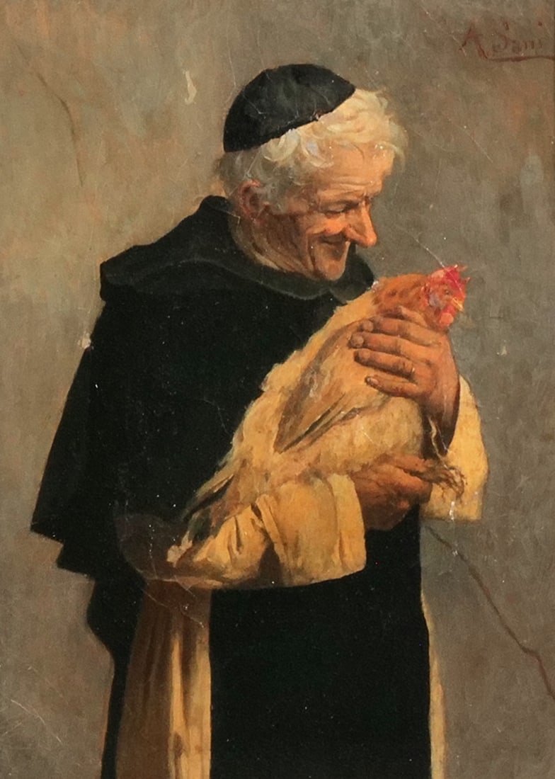 ALESSANDRO SANI (ITALIAN, 1856-1927): Monk holding a rooster oil on canvas h. 12 x 9 in., stretcher signed "A. Sani" upper right h. 22 x w. 19 in. (frame) Provenance: Items descended through the family of Edward Resnik, a New York City Au