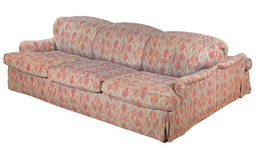 GEORGE SMITH DOUBLE SIDED SOFA: Overall upholstered with matching apron h. 33 x w. 77.5 x l. 102 in. Provenance: Private collection, items from a Larchmont, NY couple.