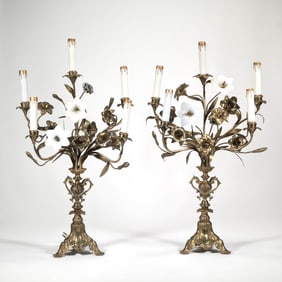 (2pc) PAIR ELECTRIFIED GLASS APPLIQUE & CRYSTAL CANDELABRAS