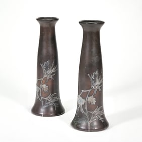 (2pc) PAIR HEINTZ ARTS & CRAFTS STERLING ON BRONZE VASES