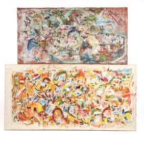 (2pc) MID CENTURY "SR. MGT. JOSEPH" ABSTRACT OIL PAINTINGS (1 of 15)