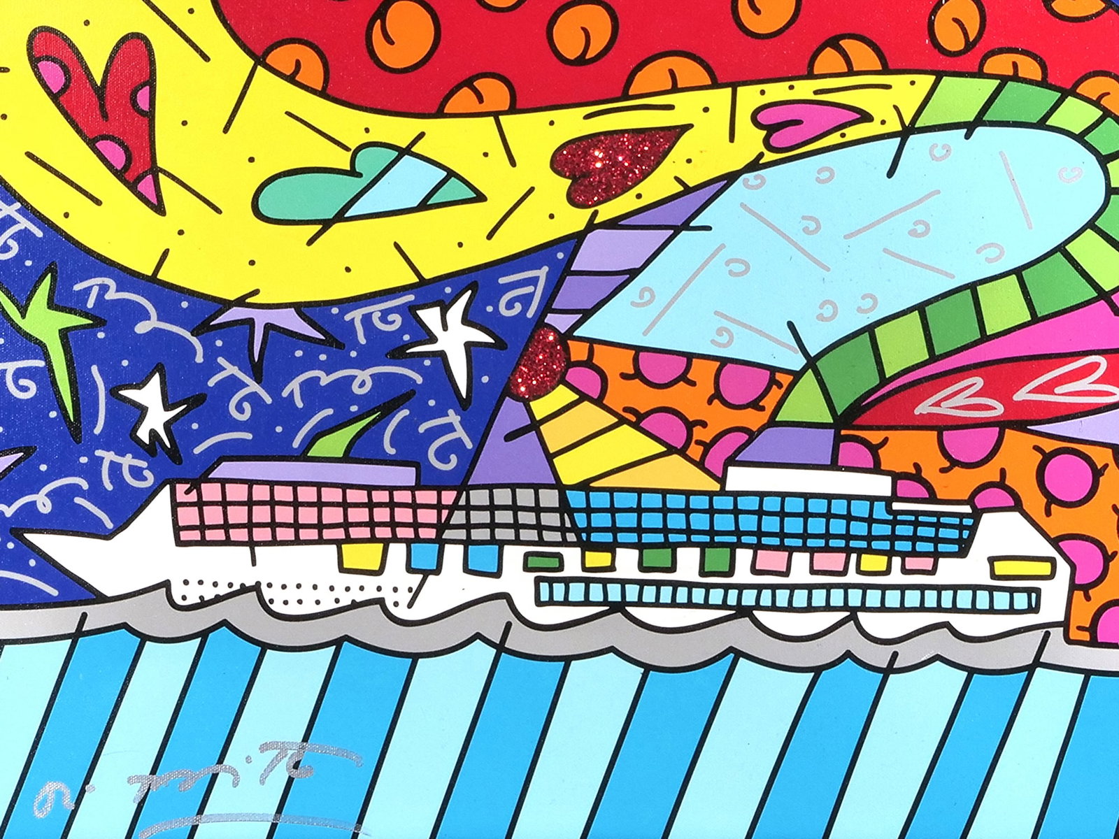 ROMERO BRITTO (BRAZILIAN, B. 1963) EMBELLISHED GICLEE: Cruise at SeaGiclee on canvas 15 x 20 in. CanvasSigned lower left, titled & numbered "127/1000" on verso h. 22 x w. 27 in. (frame) Provenance: From the estate of two pop-art collectors, Danbury, C