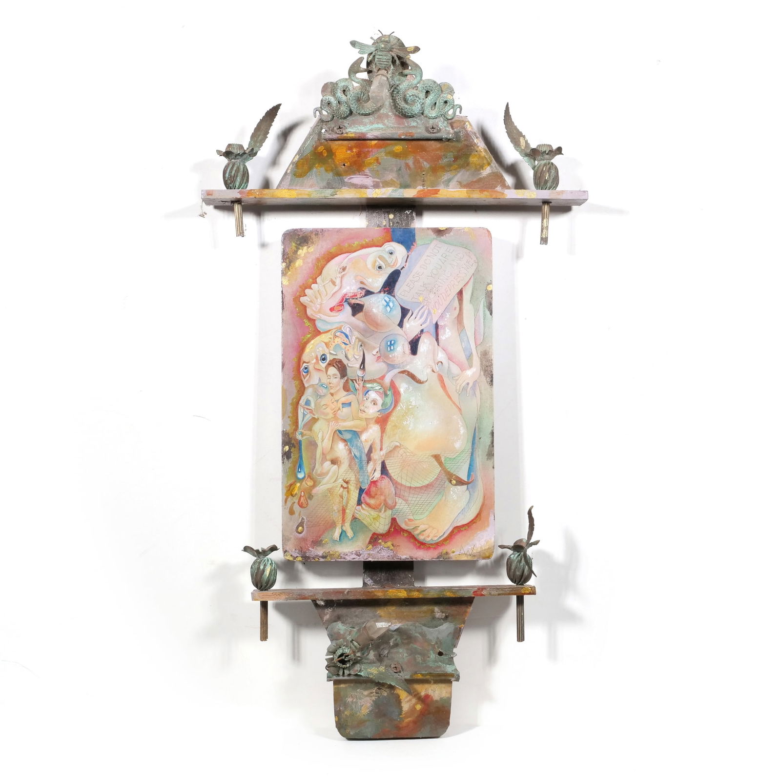 ARTHUR WOOD (BROOKLYN, 20TH CENTURY) OUTSIDER ART SURREALIST ASSEMBLAGE: Untitled (Please Do Not Talk You Are Boring And You Depress Me) Oil on board, pressed copper, quartz crystal signed lower right and with initials A.W. Central painted panel showing colorful nude figur