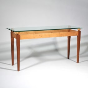 [SIGNED] TIGER MAPLE SPECIMEN WOOD & GLASS CONSOLE TABLE