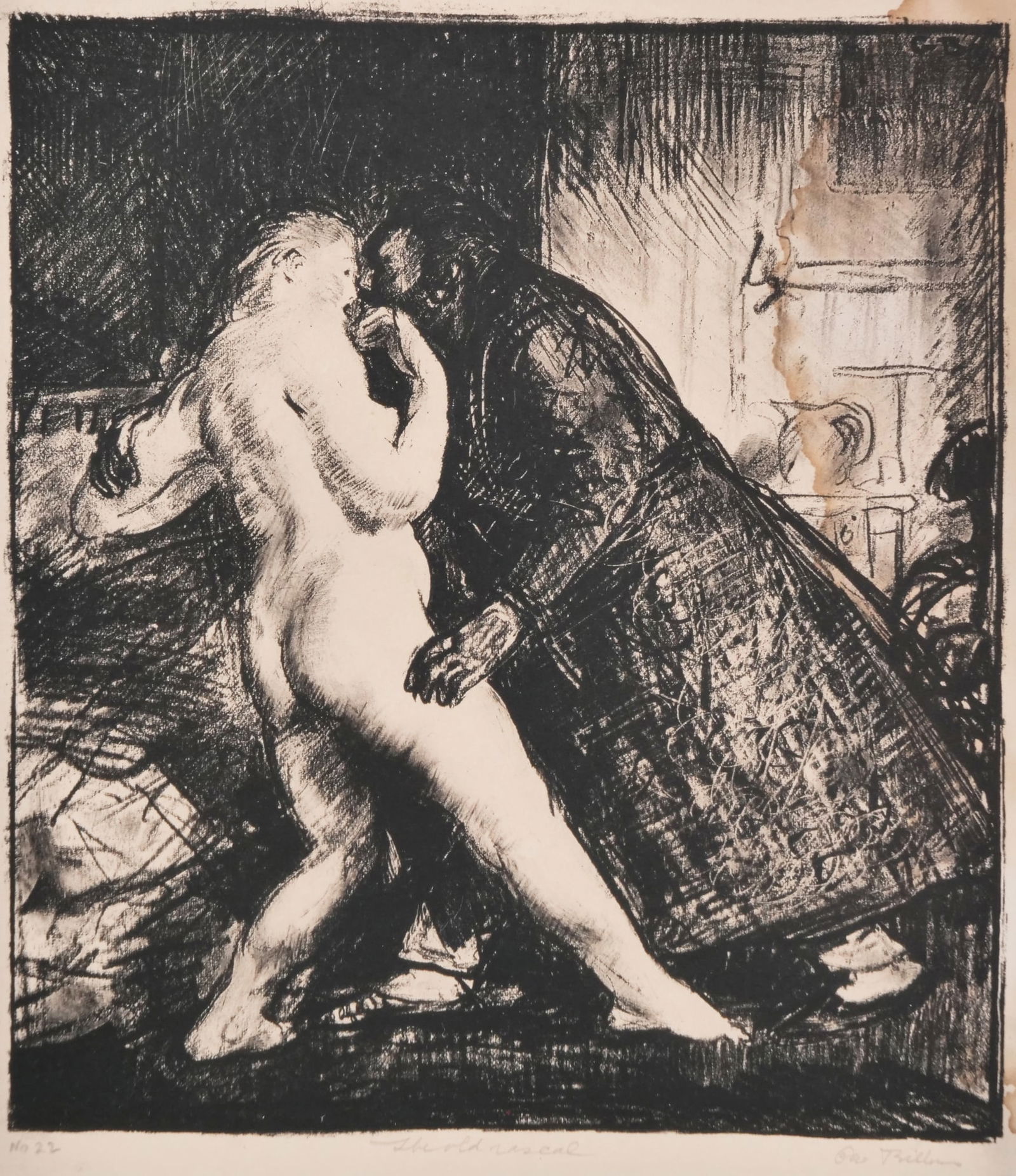 GEORGE BELLOWS (AMERICAN, 1882-1925): The Old Rascal Lithograph 10.75 x 9.25 in. sight Pencil signed lower right, ed. "No, 22" lower left and titled lower center h. 18 x w. 16.75 in. (frame) Provenance: Items from a Pelham, NY estate.