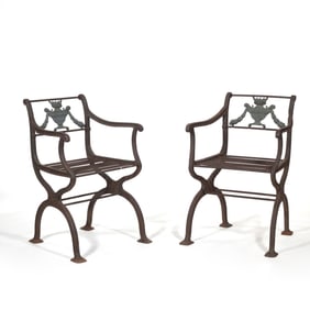 (2pc) 19th C. PAIR REGENCY CAST IRON GARDEN ARMCHAIRS, HILFIGER COLLECTION