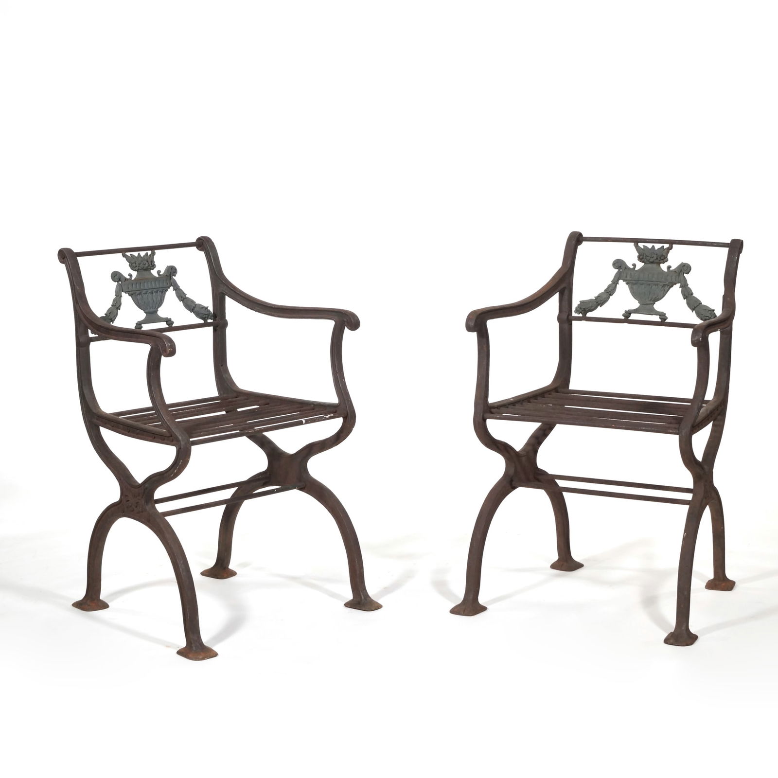 (2pc) 19th C. PAIR REGENCY CAST IRON GARDEN ARMCHAIRS, HILFIGER COLLECTION (1 of 17)
