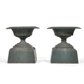 (2pc) 19th C. KRAMER BROS. PAIR CAST IRON PLANTER URNS, HILFIGER COLLECTION