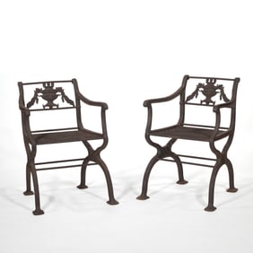PAIR 19th C. REGENCY CAST IRON GARDEN ARMCHAIRS, HILFIGER COLLECTION