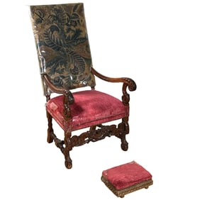 ANTIQUE CARVED NEEDLEPOINT TAPESTRY ARMCHAIR