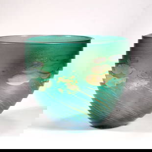 ROBERT HELD (B. 1943) GREEN FAVRILE ART GLASS BOWL: Signed h. 8 x dia. 9.25 in. Provenance: From the private collection of a Katonah, NY gentleman.