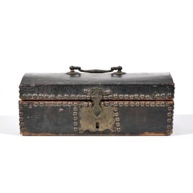 ANTIQUE LEATHER TACKED DOCUMENT BOX, ONGONQUIT ME