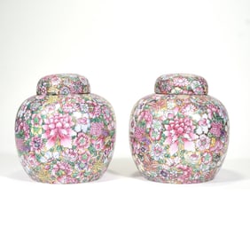 PAIR BLOSSOM DECORATED GINGER JARS