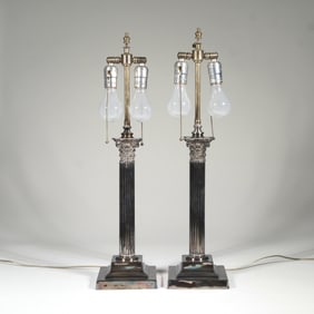 PAIR SILVER FINISHED COLUMN FORM LAMPS