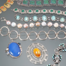 (9pc) PEARL, TURQUOISE, SCARAB, STERLING & OTHER JEWELRY