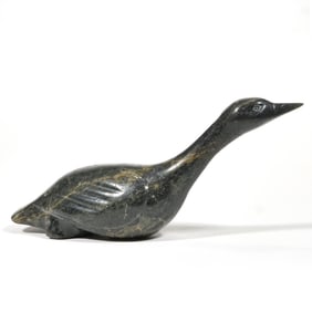 JIMMY E. PETOOLOOSIE INUIT CARVED GREEN STONE BIRD