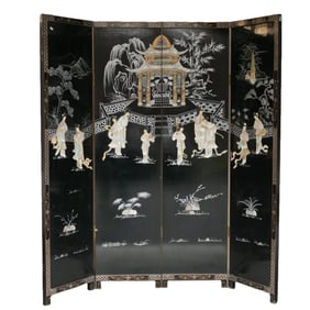 CHINESE BLACK & GILT PAINTED SCREEN