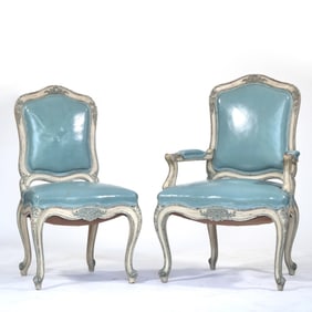 (10pc) 19TH CENTURY FRENCH LOUIS XV STYLE DINING CHAIRS, ROBIN'S EGG LEATHER