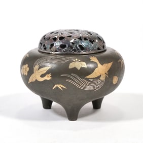 JAPANESE BRONZE MIXED METALS OVERLAY CENSER
