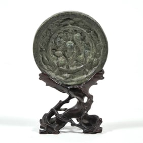 CHINESE ARCHAIC BRONZE SHIELD ON WOOD STAND