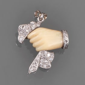 CARTIER ART DECO CARVED BONE, DIAMOND, & PLATINUM HANDKERCHIEF PENDANT