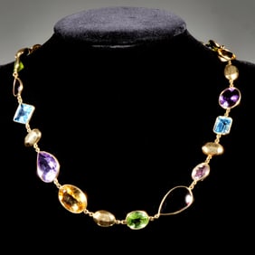 ITALIAN VINCENZA "TUTTI-FRUTTI" STYLE GEMSTONE & 18K GOLD NECKLACE