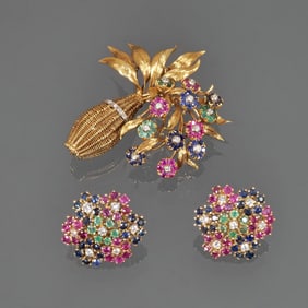 (2pc) TUTTI-FRUTTI FLORAL GEMSTONE & 18K GOLD DEMI PARURE