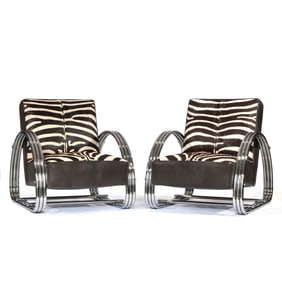 PAIR ZEBRA PATTERN, LEATHER, & CHROME ARMCHAIRS, RALPH LAUREN