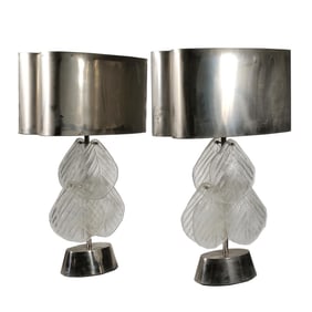 PAIR MURANO GLASS LEAF & POLISHED STAINLESS TABLE LAMPS