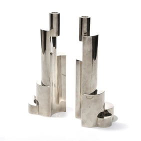 PAIR DAMIAN GARRIDO STERLING SILVER MODERNIST CANDLESTICKS