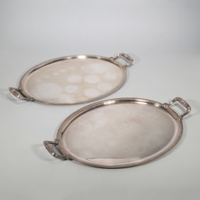 (2pc) PAIR OF CHRISTOFLE MAL MAISON EMPIRE STYLE SILVER PLATED OVAL SERVING TRAYS
