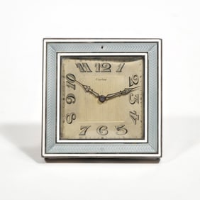 CARTIER ART DECO GUILLOCHE ENAMELED DESK CLOCK