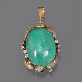 62 CARAT EMERALD CABOCHON & DIAMOND SET PENDANT