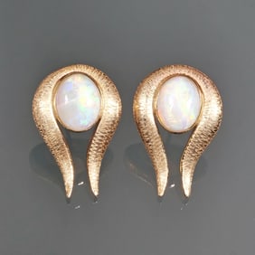 PAIR OPAL CABOCHON & 14K GOLD EARRINGS