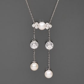 ANTIQUE ART DECO DIAMOND & NATURAL PEARL NECKLACE
