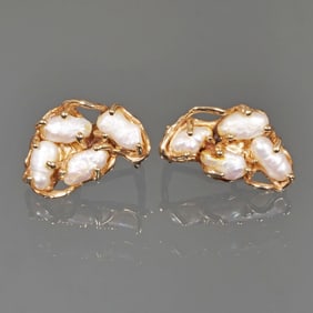 PAIR BAROQUE PEARL & 14K GOLD EARRINGS