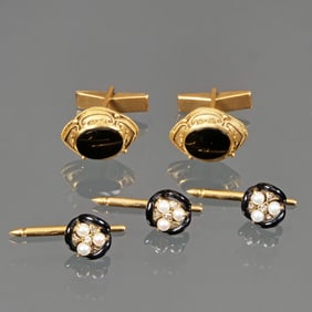 (5pc) 14K GOLD, JET, DIAMOND, & PEARL MEN'S DRESSING SET
