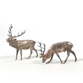 PAIR ASPREY STERLING SILVER STAG FIGURES, LONDON