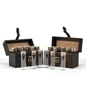 PAIR JAMES PURDY & SONS LONDON CASED STERLING SILVER "SHOT" GLASSES