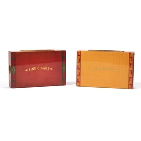 (2pc) FRENCH ELIE BLEU MAPLE INLAY AMBOYNA BURL CIGAR MATCHBOX HOLDERS